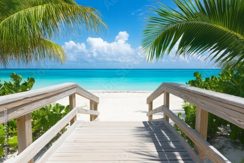 In Destin, Florida, there is a charming boardwalk that offers a stunning view of a beach house and the ocean. A wooden pathway runs along the house's exterior.