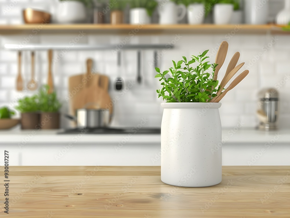 A white ceramic container with wooden utensils on the kitchen counter A white ceramic container with wooden utensils on the kitchen counter