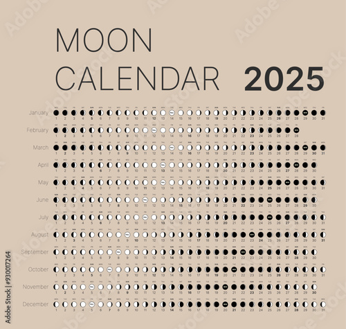 Lunar Cycle Calendar for 2025. Monthly cycle planner design template. Lunar Phase Calendar. Astrology or astronomy website, banner, poster, vector illustration. Isolated on a soft pink background.