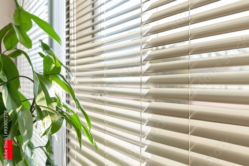 The interior boasts roller blinds for window coverings as well as large-scale solar shades on the windows. Wood panels cover the walls and green plants line the ceiling.