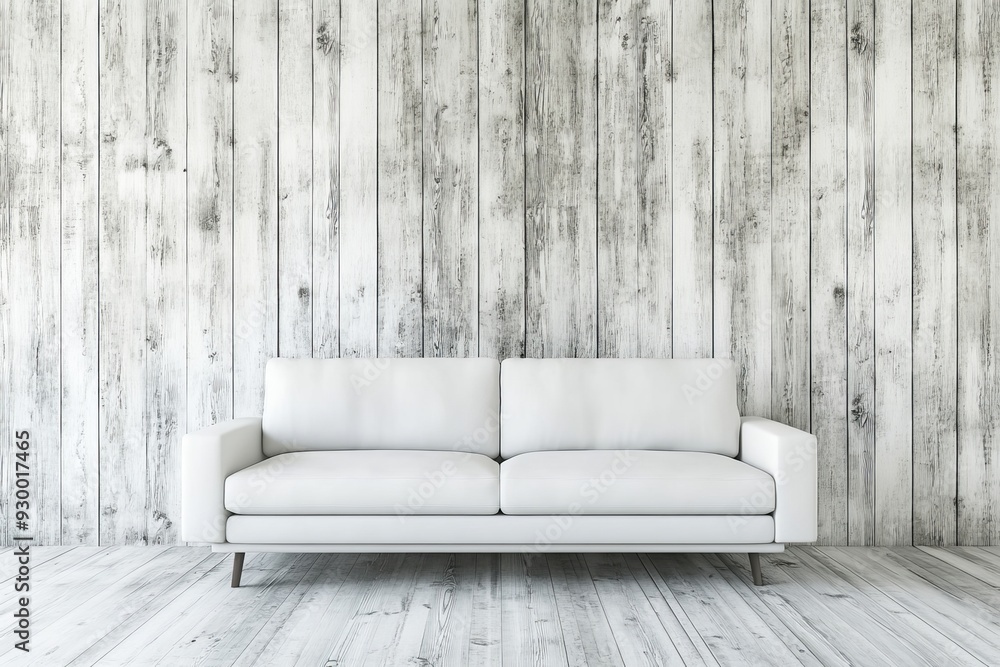 3D render of a modern living room with a white sofa against a natural shiplap wall. 3D render of a modern living room with a white sofa against a natural shiplap wall.