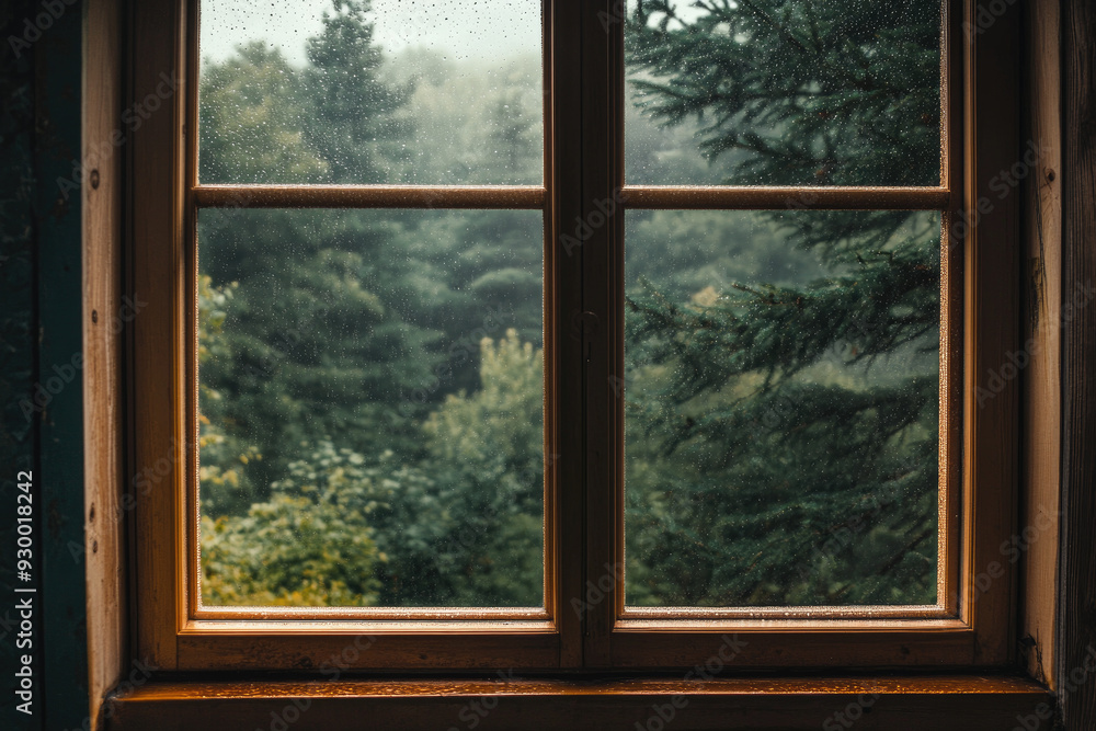 Naklejka premium Raindrops on a Window Overlooking a Rainy Day