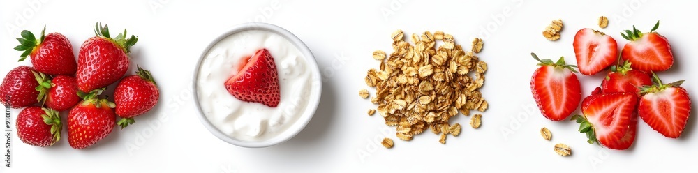Transparent background PNG set of strawberry granola yogurt and strawberries in a bowl Transparent background PNG set of strawberry granola yogurt and strawberries in a bowl