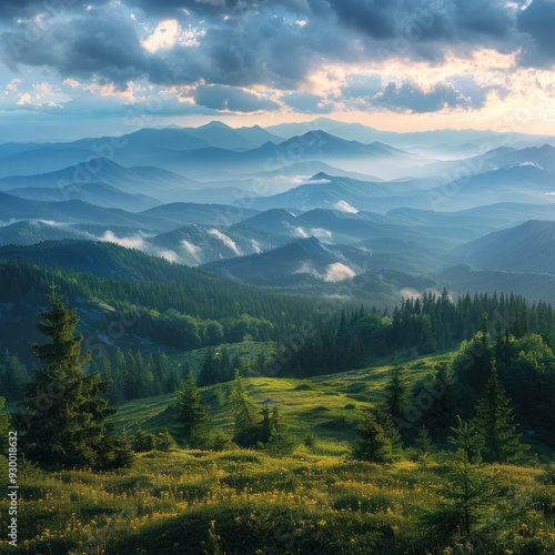 serene mountain landscape panoramic view, layers of green hills and blue peaks, misty