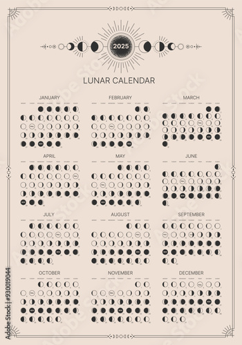 Monthly Moon Diary for the year 2025, template. Astrology, astronomical lunar shadow, full cycle from new to full moon pocket calendar, lunar map vector illustration