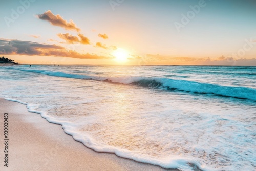  Tranquil beach scene at sunset with turquoise blue waves, golden sunlight, and white foam, serene ocean view with distant swimmers and sandy shore in warm evening tones.