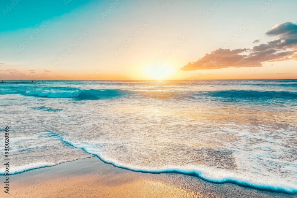 Fototapeta premium Tranquil beach scene at sunset with turquoise blue waves, golden sunlight, and white foam, serene ocean view with distant swimmers and sandy shore in warm evening tones.