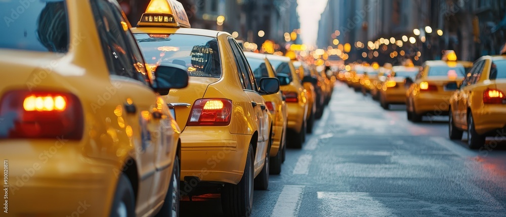 A long line of yellow cars on a city road A long line of yellow cars on a city road