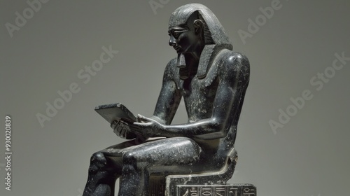 Ancient Egyptian Scribe Statue Holding a Modern Tablet - Blending Classical Art with Modern Technology photo