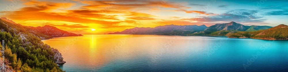 Panoramic view of a tranquil sunset over mountains and sea with orange clouds and blue water, serene landscape with green trees covering the land, creating a peaceful atmosphere in warm tones. Panoramic view of a tranquil sunset over mountains and sea with orange clouds and blue water, serene landscape with green trees covering the land, creating a peaceful atmosphere in warm tones.