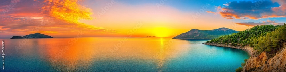 Fototapeta premium Panoramic view of a tranquil sunset over mountains and sea with orange clouds and blue water, serene landscape with green trees covering the land, creating a peaceful atmosphere in warm tones.
