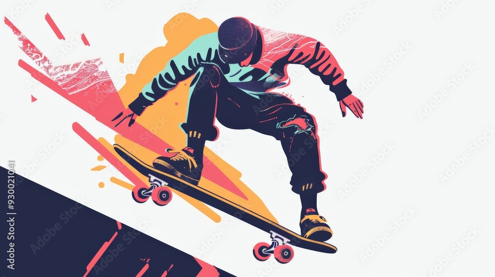 Obraz premium Visual of a skateboarder grinding a rail flat design side view skate park action theme cartoon drawing Tetradic color scheme