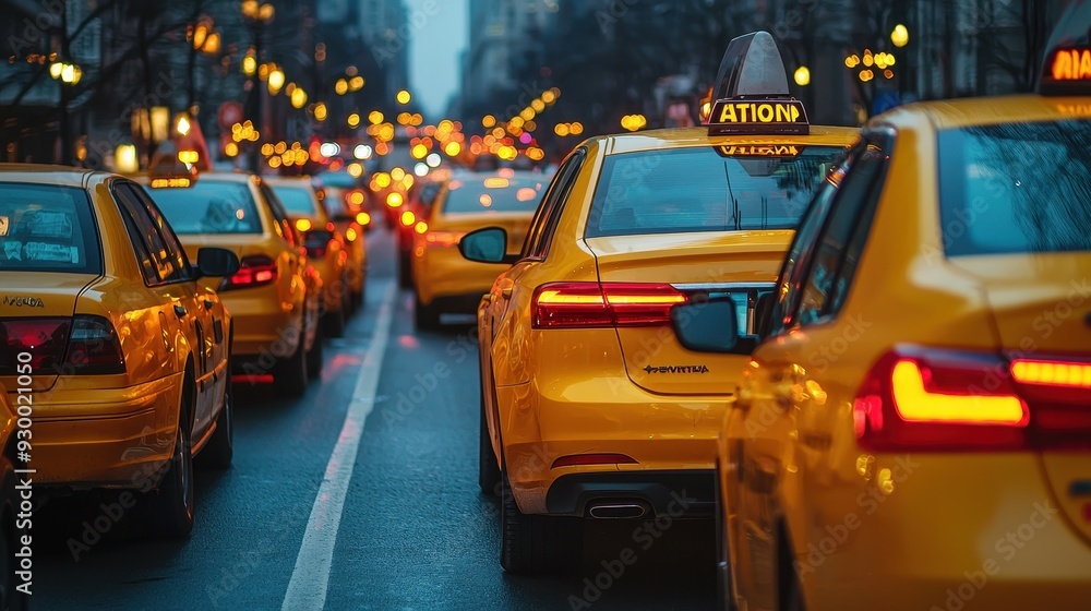 A long line of yellow cars on a city road A long line of yellow cars on a city road