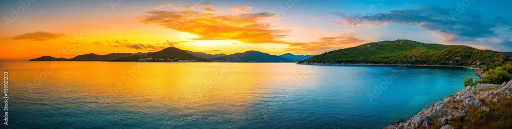 Fototapeta premium Panoramic view of a tranquil sunset over mountains and sea with orange clouds and blue water, serene landscape with green trees covering the land, creating a peaceful atmosphere in warm tones.