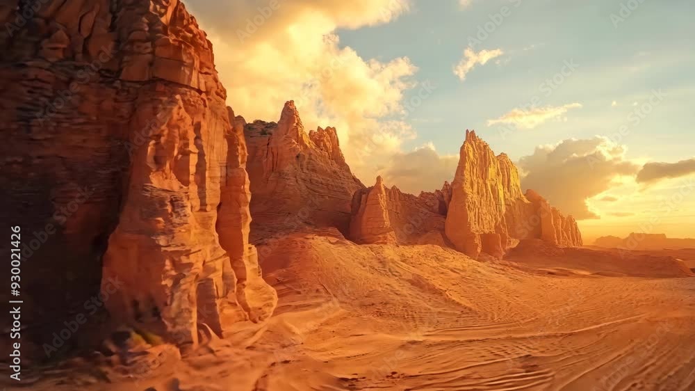 Rock formations in desert landscape under cloudy sky. Natural desert scenery with rocky structures. Travel and adventure concept. Exploration and geology Rock formations in desert landscape under cloudy sky. Natural desert scenery with rocky structures. Travel and adventure concept. Exploration and geology