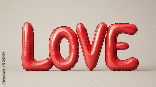 3D red balloon letters spelling LOVE with matching red balloons on a solid red background, symbolizing romance and passion. photo