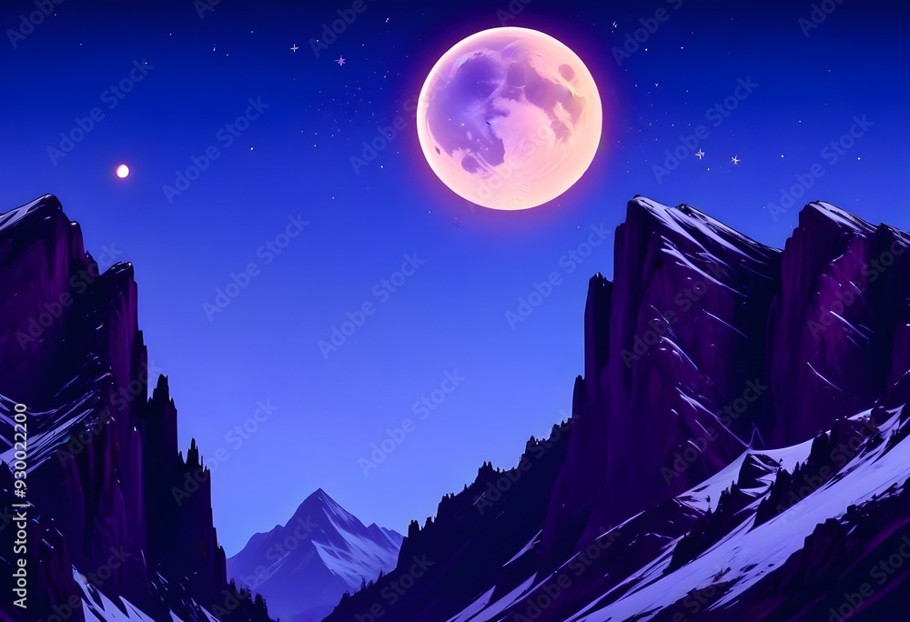 A snowy mountain range against a colorful night sky with a crescent moon and stars A snowy mountain range against a colorful night sky with a crescent moon and stars