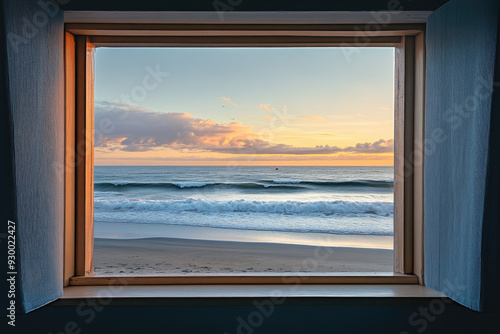 Rolling Waves and Sandy Beach Viewed from a Seaside Window