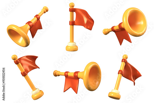 Game flag on stick and trumpet. Vector realistic objects in different positions