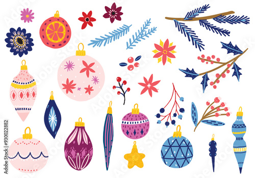 Christmas decorations set, flowers and leaf, different balls and decor for christmas tree, hand drawn illustrations set isolated on white