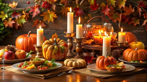 Festive Thanksgiving Dinner Table with Autumn Decorations