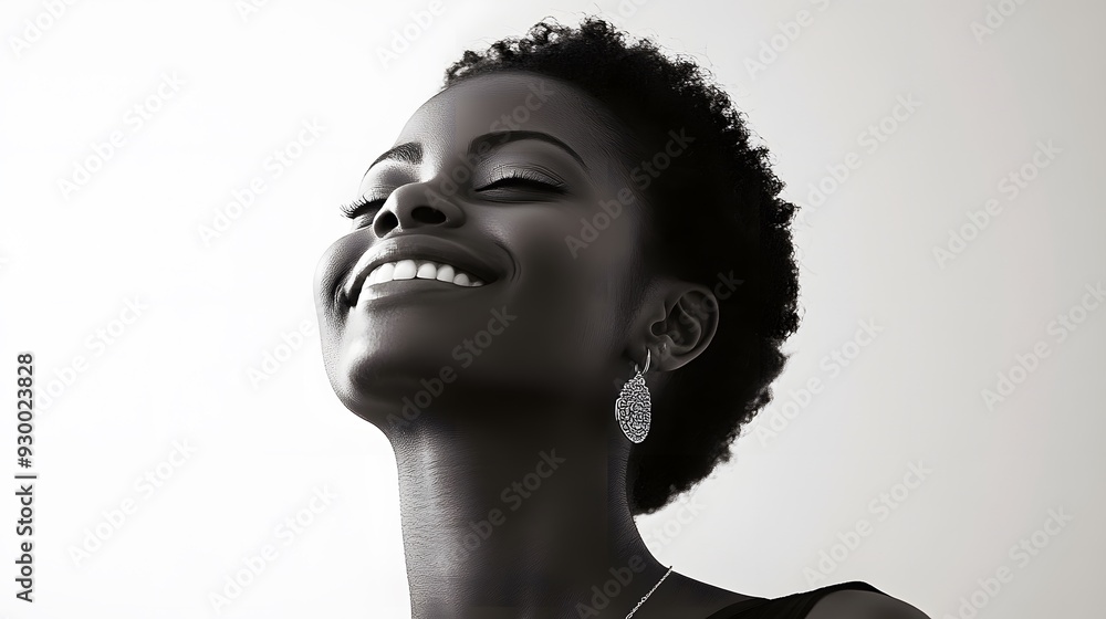 Half woman smiling, high-key lighting creating minimal shadows, pure white background, delicate jewelry adding a touch of elegance, artistic detail on her confident expression, mood of joy and grace Half woman smiling, high-key lighting creating minimal shadows, pure white background, delicate jewelry adding a touch of elegance, artistic detail on her confident expression, mood of joy and grace