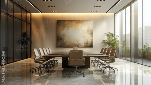 Modern conference room featuring sleek furniture, large windows, and contemporary design elements for professional meetings and presentations.