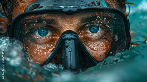 A focused individual submerges underwater, showcasing intense blue eyes and a snorkel mask, immersed in a vibrant underwater world photo