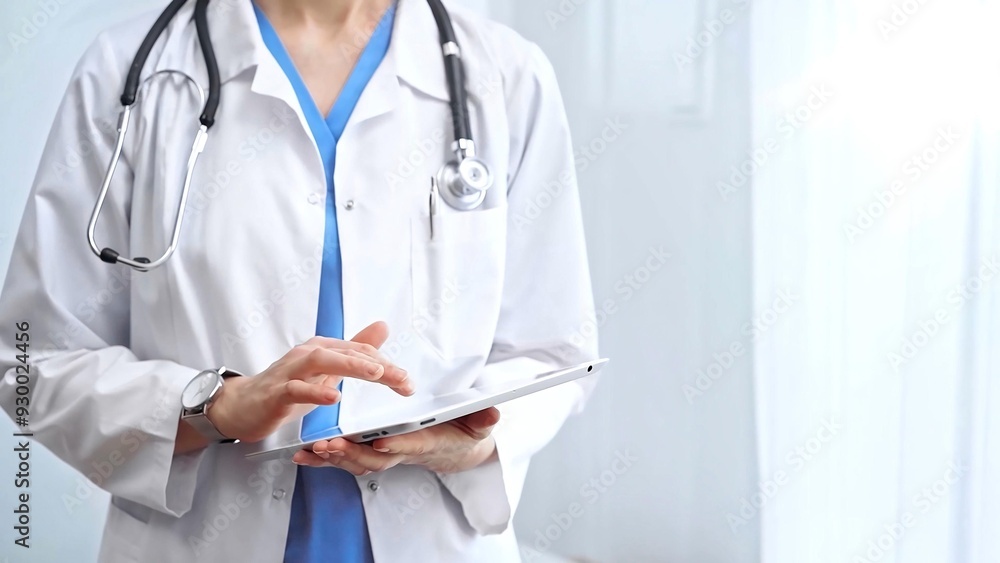 Doctor woman is using digital tablet in clinic. Healthcare professional with a stethoscope operating a touch screen tablet computer while standing straight. Medicine concept Doctor woman is using digital tablet in clinic. Healthcare professional with a stethoscope operating a touch screen tablet computer while standing straight. Medicine concept
