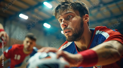 A sportsman playing handball, focusing on speed and teamwork (close up, handball theme, realistic, manipulation, sports hall backdrop)