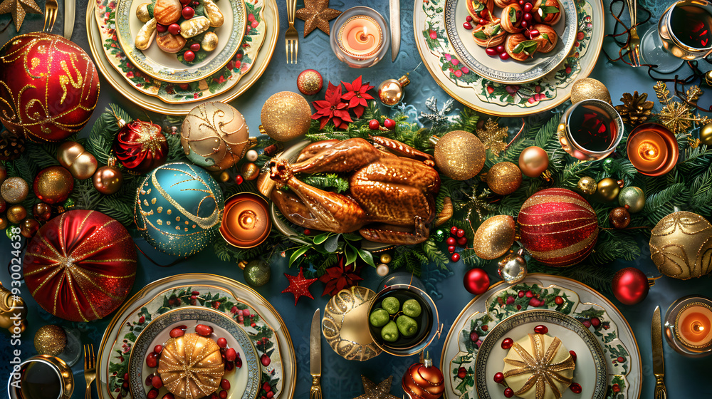 A perfect dinner table filled with food and decorated for Christmas. A perfect dinner table filled with food and decorated for Christmas.