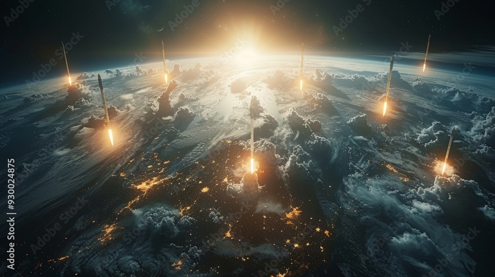Obraz premium Multiple rockets launching into space from the Earths surface.