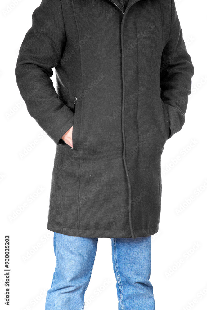 Man in jeans wearing fashionable winter coat on a white background Man in jeans wearing fashionable winter coat on a white background