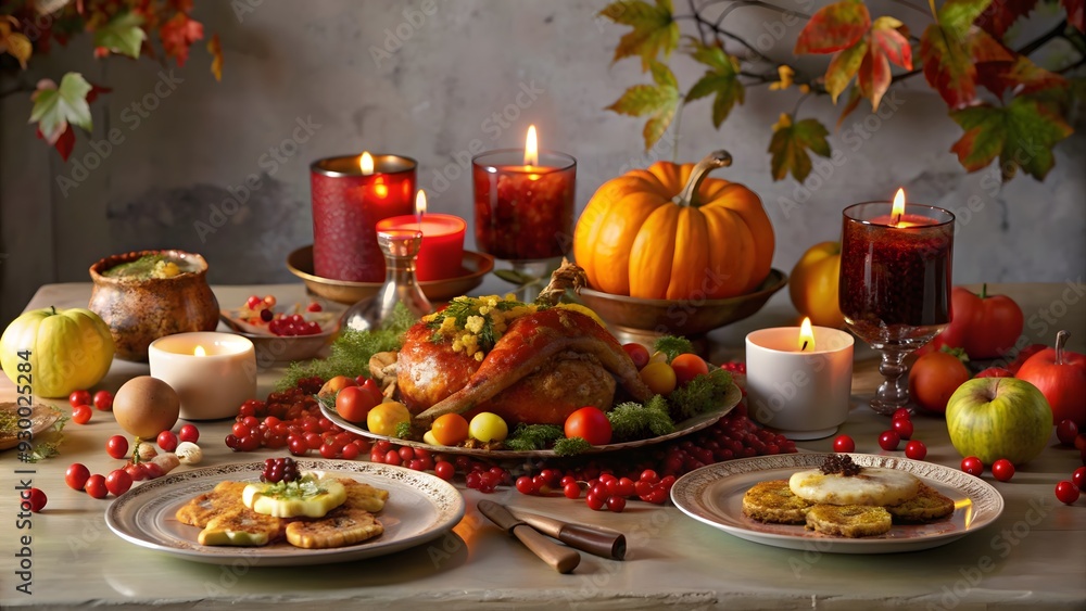 Festive Thanksgiving Dinner Table with Autumn Decorations Festive Thanksgiving Dinner Table with Autumn Decorations