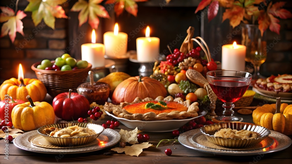 Festive Thanksgiving Dinner Table with Autumn Decorations Festive Thanksgiving Dinner Table with Autumn Decorations