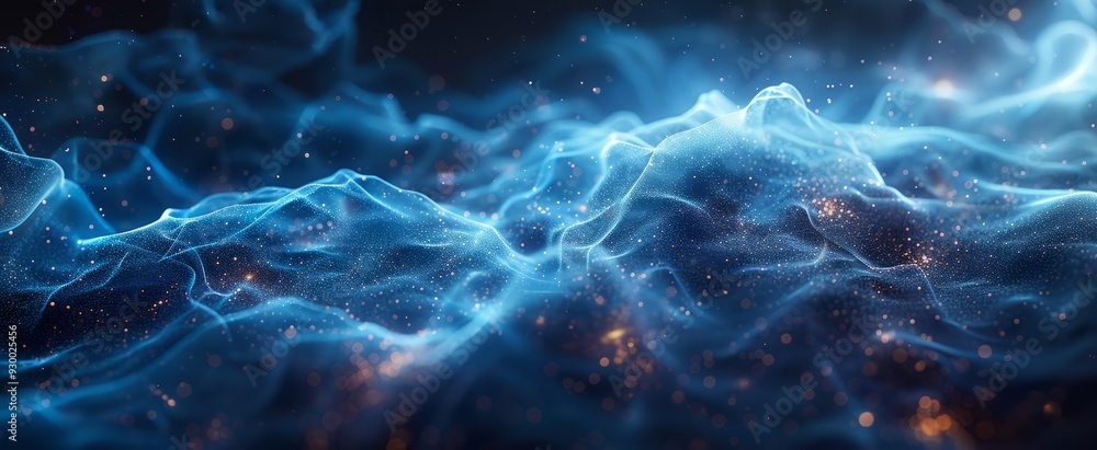 Fototapeta premium Glowing blue waves undulate with sparkling particles in a dark setting, creating an ethereal and captivating visual effect