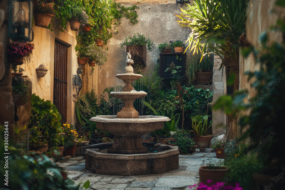 Small Stone Fountain in a Courtyard Filled with Moss Small Stone Fountain in a Courtyard Filled with Moss