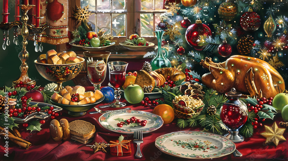Fototapeta premium A perfect dinner table filled with food and decorated for Christmas.