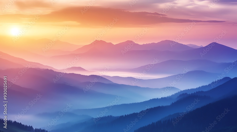 Obraz premium Create a long shot of a majestic mountain range at sunrise, with muted pastel tones and hazy mist