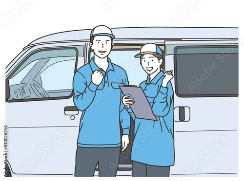 車の前でガッツポーズをする配送ドライバーの男性と女性
