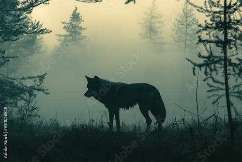 Silueta de un lobo en un bosque neblinoso al amanecer, creando una atmósfera misteriosa y solitaria en la naturaleza salvaje