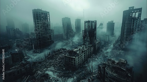 A huge modern city with skyscrapers, all the houses are destroyed, windows are broken, parts of the buildings are completely destroyed, destroyed houses around. Generative AI.