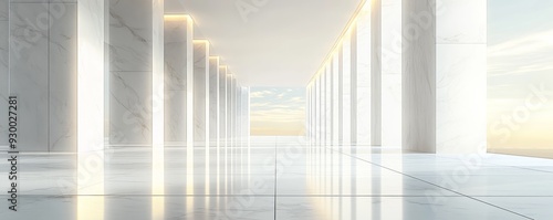 何もない白い大理石の床の3Dレンダリング。柱があり、右側から光が差し込む。