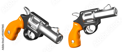 Vintage safety revolver with wooden handle. Classic weapons in different positions