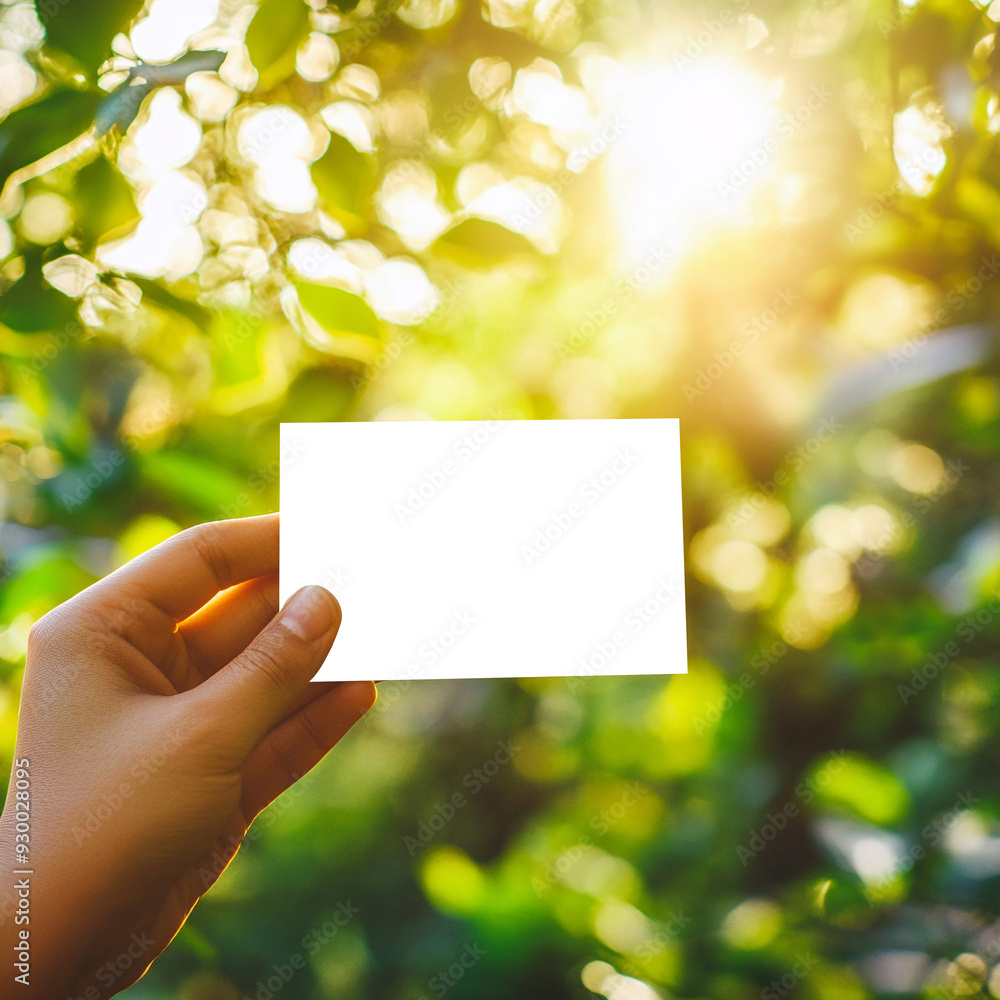 Business card mockup template in person's hand against sunny summer day Business card mockup template in person's hand against sunny summer day