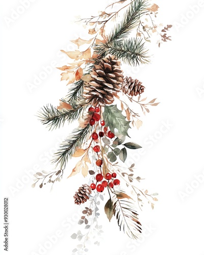 Watercolor painting of a winter garland with pine cones, berries, and leaves. photo