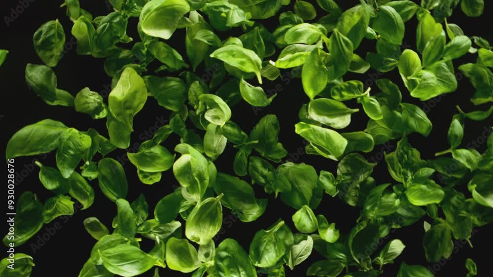 Super Slow Motion of Flying Fresh Basil Leaves. Filmed on High Speed Cinema Camera, 1000 fps. Camera Placed on High Speed Cine Bot, Rotating. Super Slow Motion of Flying Fresh Basil Leaves. Filmed on High Speed Cinema Camera, 1000 fps. Camera Placed on High Speed Cine Bot, Rotating.
