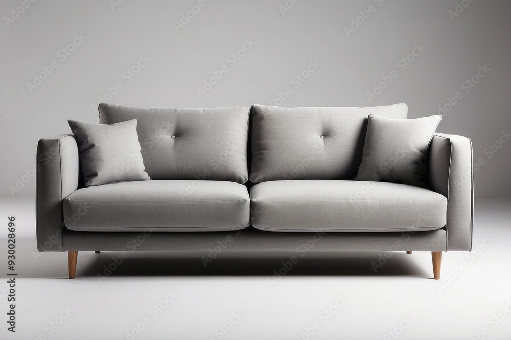 A modern grey sofa with two back cushions and two throw pillows A modern grey sofa with two back cushions and two throw pillows