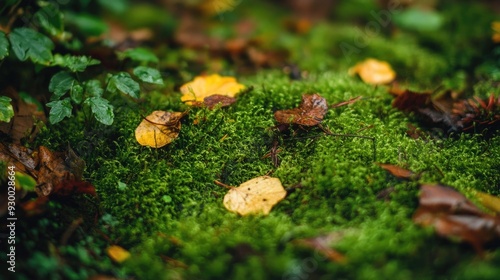 A close-up of a lush, green moss-covered forest floor with tiny plants and fallen leaves, highlighting intricate textures and natural beauty.