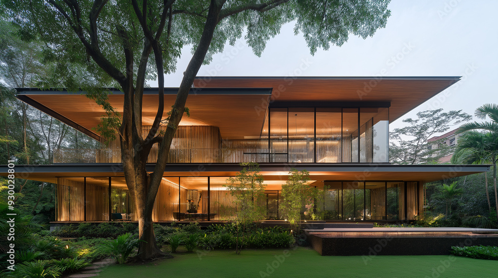 A modern house built entirely from bamboo, showcasing its natural beauty and structural strength. A modern house built entirely from bamboo, showcasing its natural beauty and structural strength.
